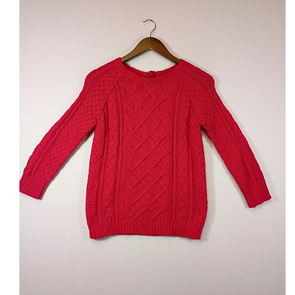 Cottagecore LOFT Womens XS Pink Wool Blend Cable Knit Back Button Sweater